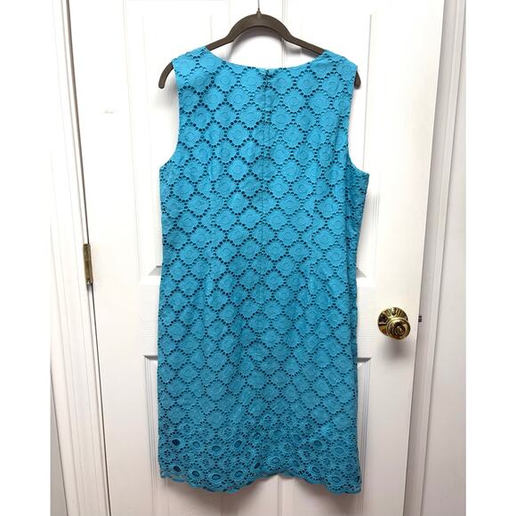 Talbots Eyelet Lace Shift Dress Blue Sleeveless Lined 100% Cotton Size 16 Petite - Picture 3 of 6